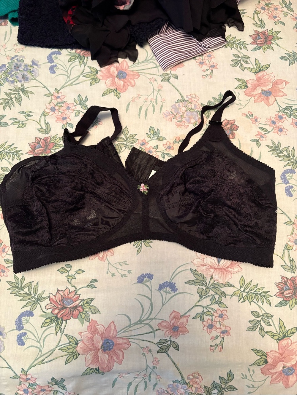 Soft Black Lace Non-Wired Bra with Floral Accent - never worn